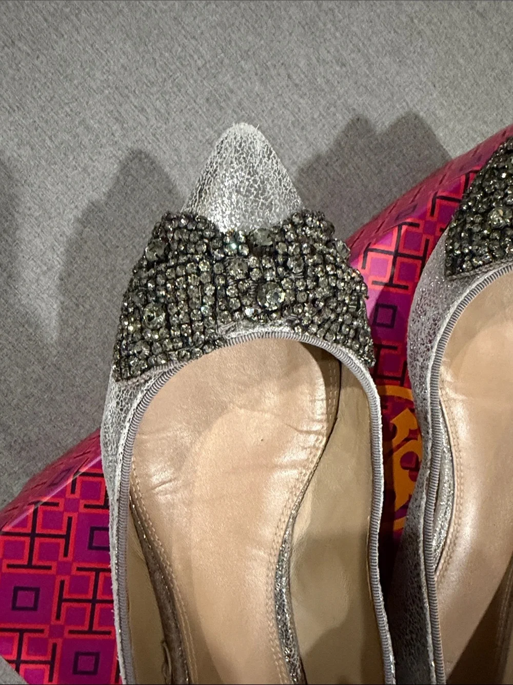Tory Burch Silver Pointed Toe Embellished Women's Ballet Flats